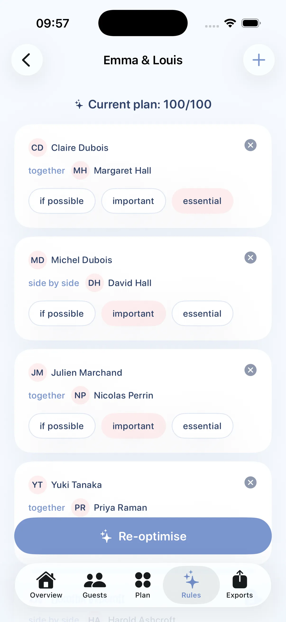 Tablee Rules screen: same table, different table and side-by-side rules with their weights