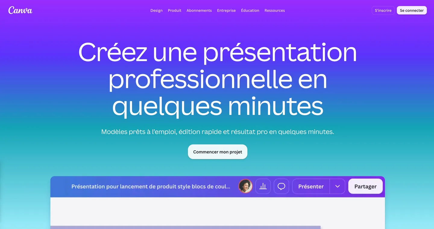 Page d'accueil de Canva : créez une présentation professionnelle en quelques minutes
