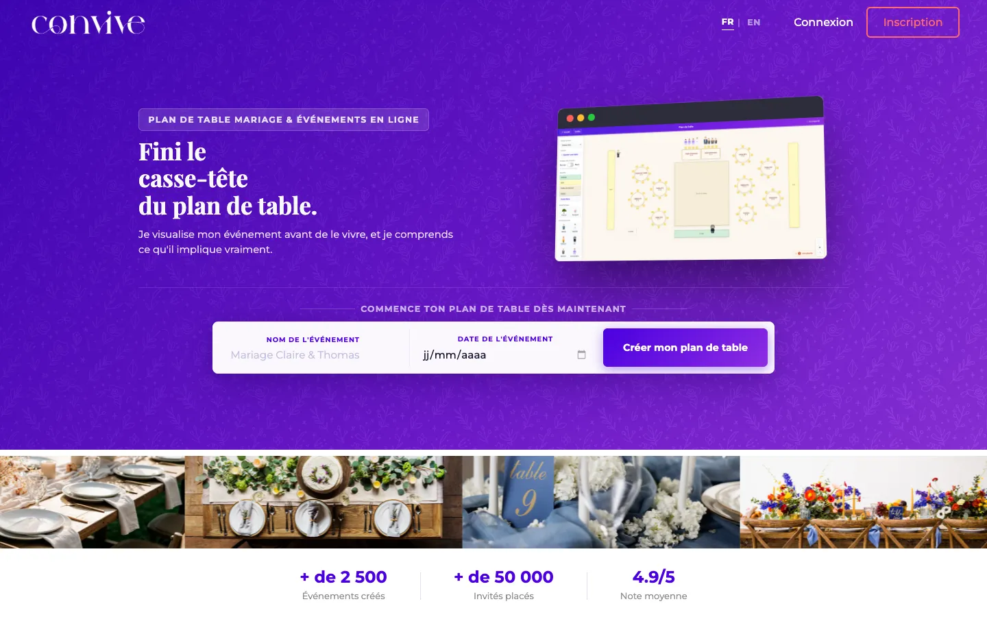 Page d'accueil de convive.fr : plan de table mariage et événements, avec la promesse de placer les invités selon vos règles