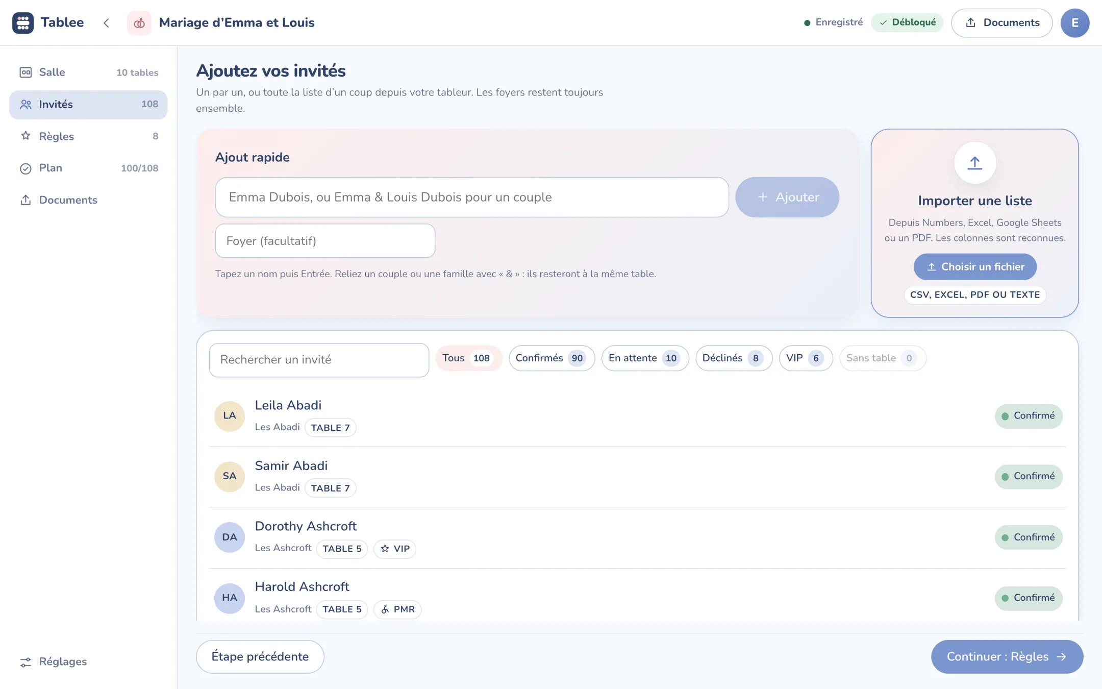 Liste des invités dans l'application web Tablee : 108 invités dont 90 confirmés, 10 en attente et 8 déclinés, les foyers regroupés par nom de famille