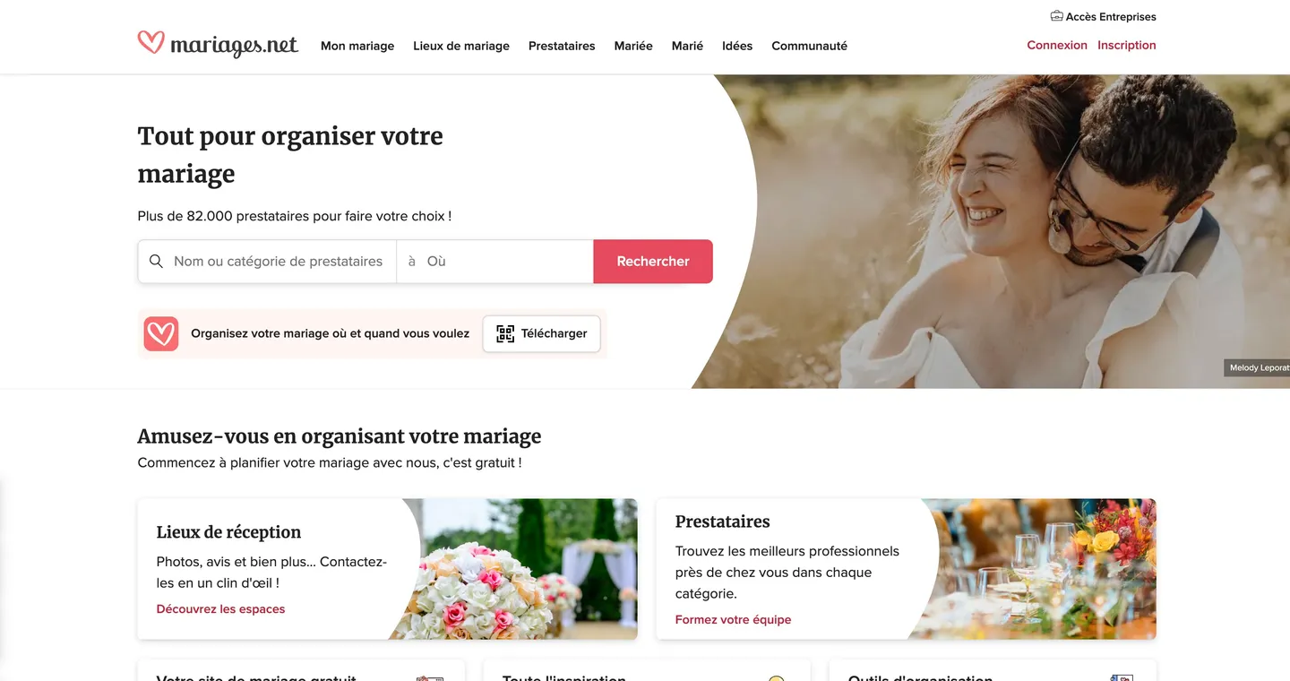 Page d'accueil de Mariages.net : tout pour organiser votre mariage, recherche parmi plus de 82 000 prestataires