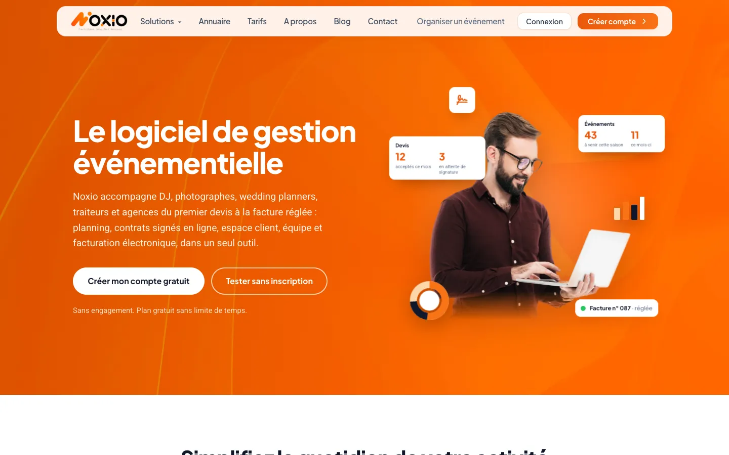 Page d'accueil de Noxio : logiciel de gestion événementielle pour DJ, photographes et agences