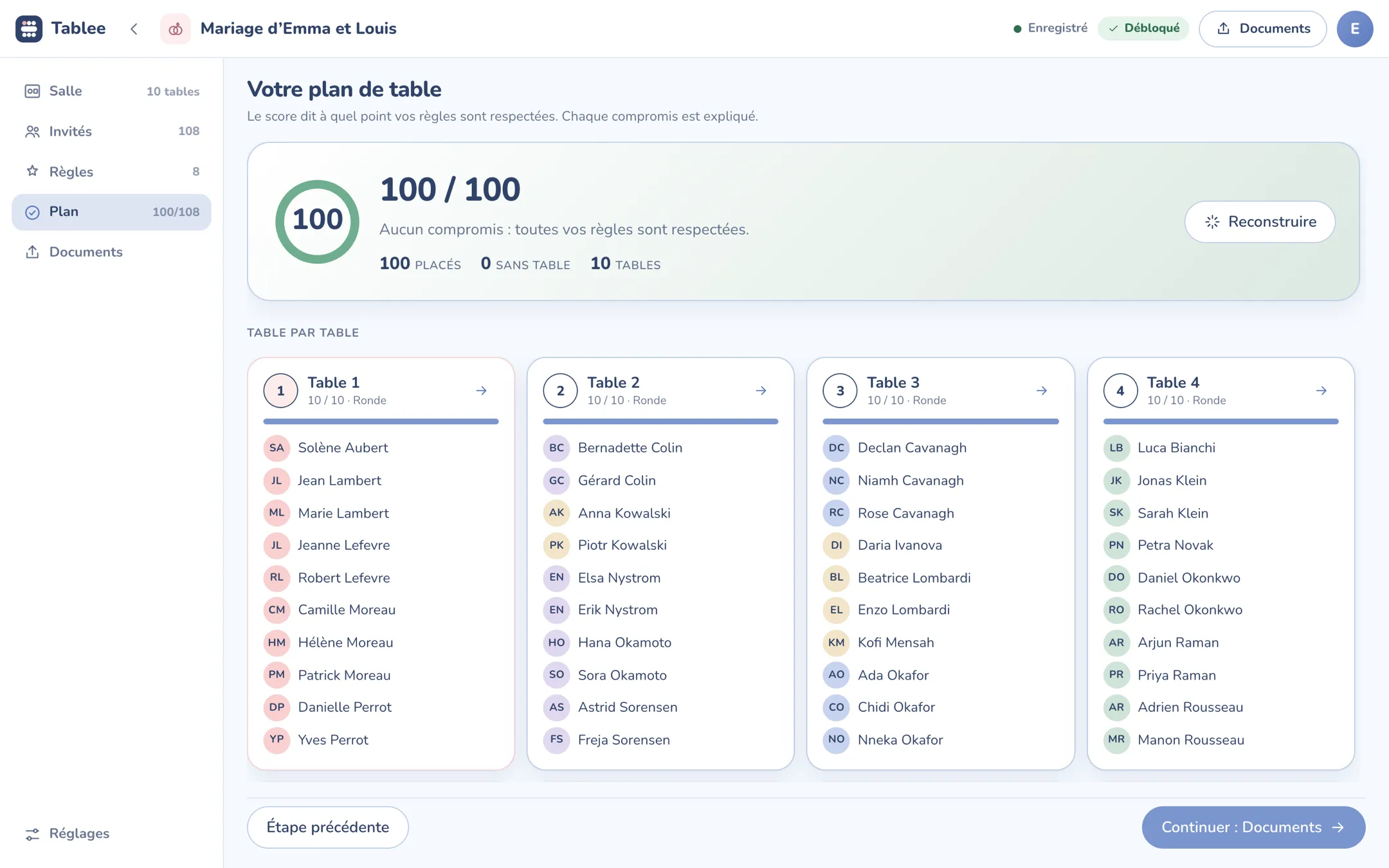 Plan de table dans l'application web Tablee : score de 100 sur 100, aucun compromis, 100 invités placés, aucun sans table, 10 tables