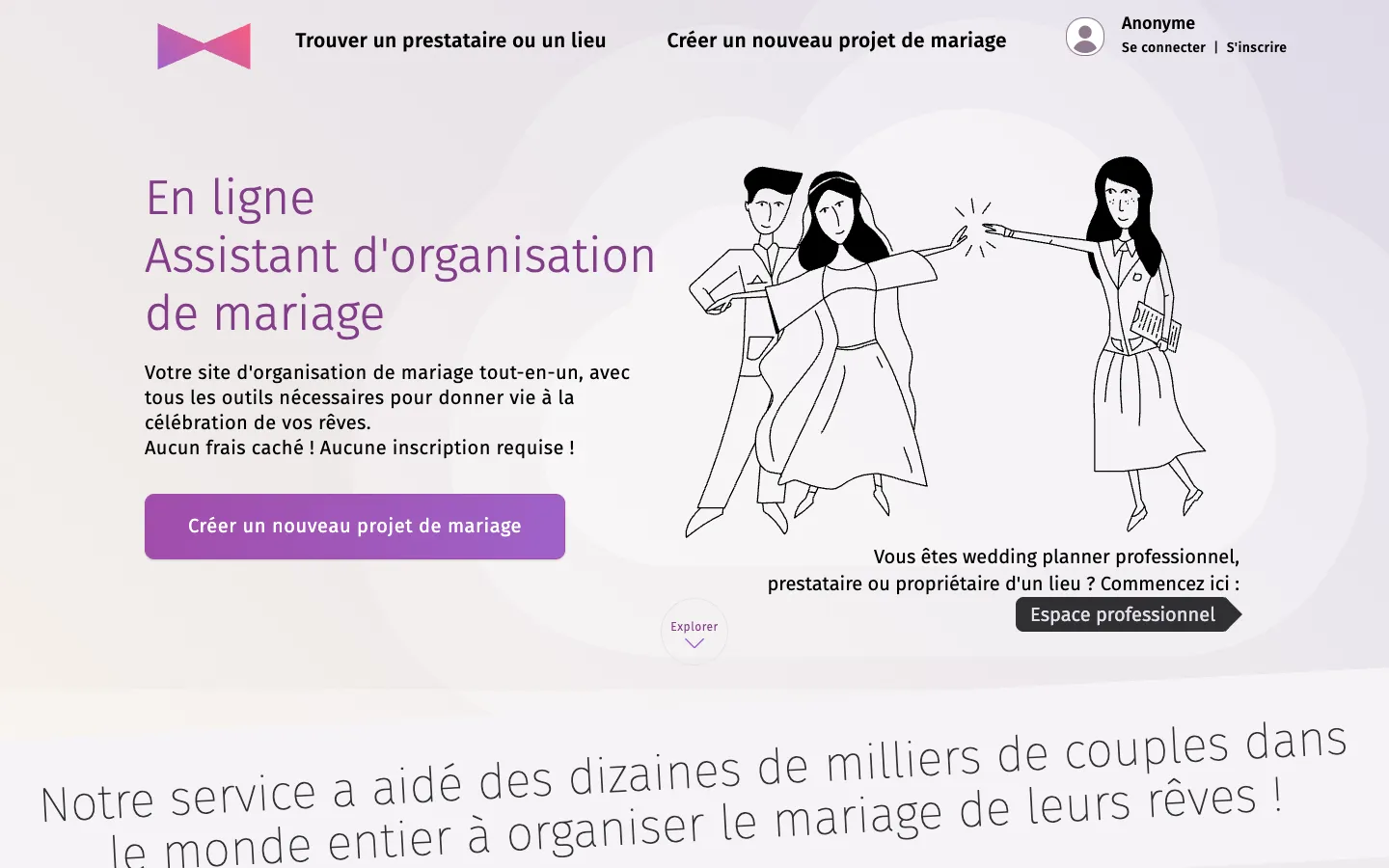 Page d'accueil de Planning.Wedding : organisateur de mariage gratuit, tout planifier au même endroit