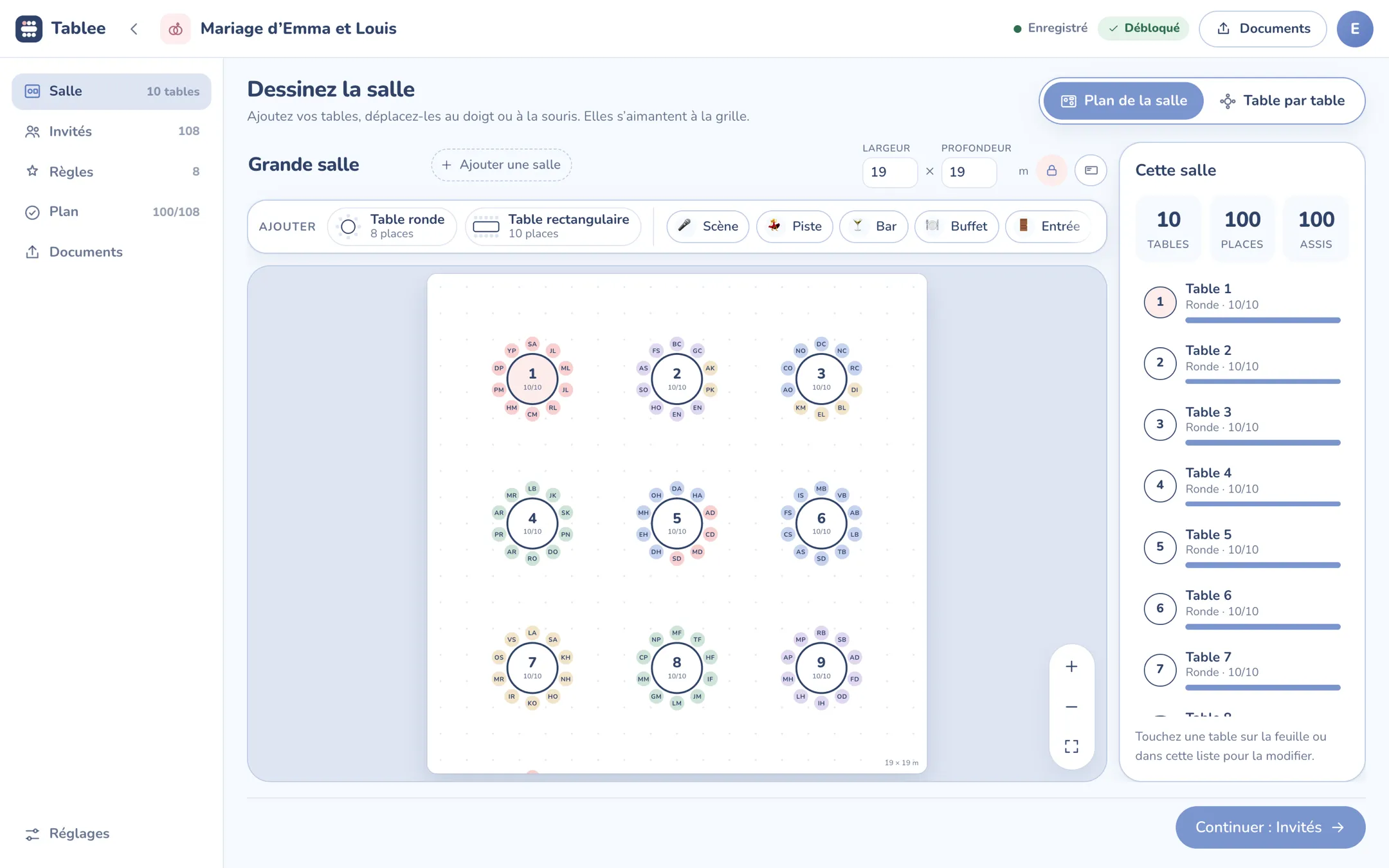 Plan de salle de l'application web Tablee : tables rondes à l'échelle, chaque invité représenté par ses initiales autour de sa table