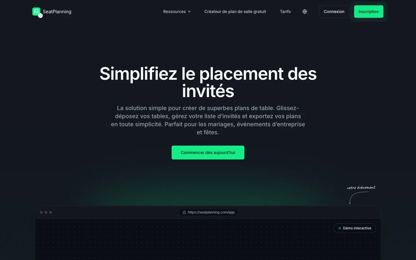 Page d'accueil de SeatPlanning : créateur de plan de table au glisser-déposer