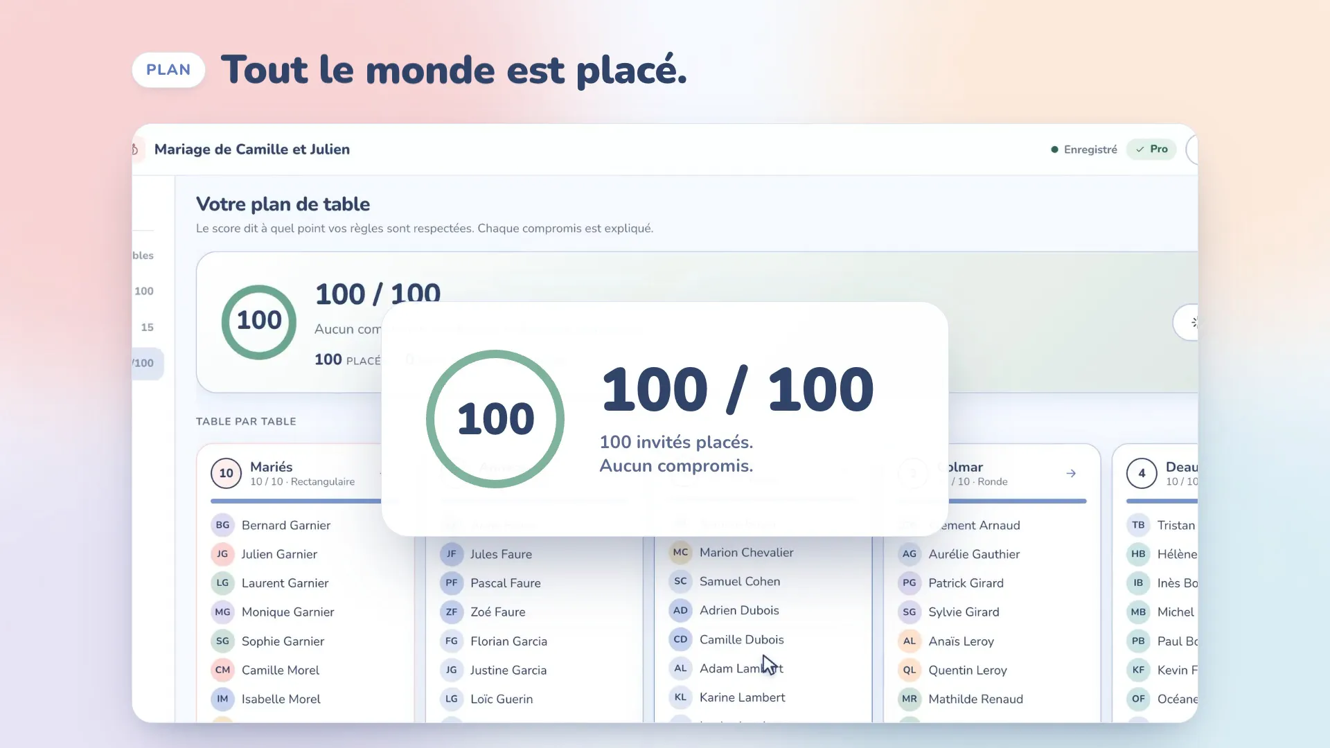 Le teaser de Tablee : le plan de table d’un mariage de 100 invités, construit à 100 sur 100, aucun compromis