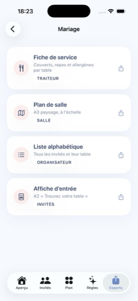 Écran des exports : fiche de service traiteur, plan de salle A3, liste alphabétique et affiche d'entrée